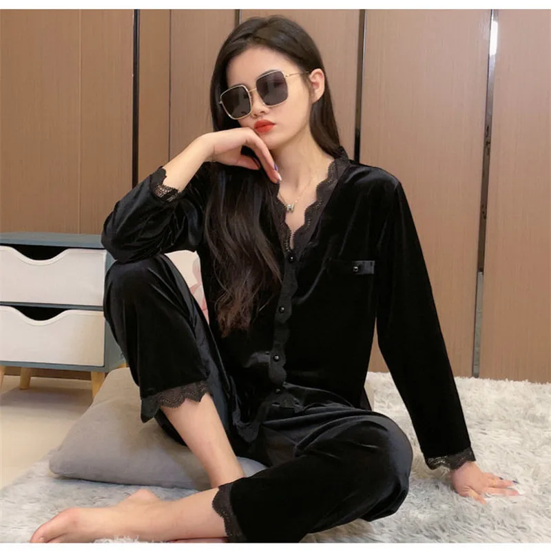 Golden Velvet Pajama For Women's Spring Autumn 2025 New Female Long Sleeve Home Furnishing Set Ladies Pants 2PCS