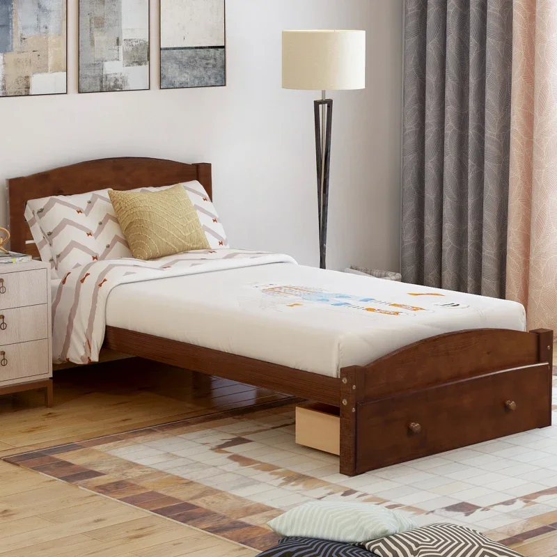 

Platform Twin Bed Frame with Storage Drawer and Wood Slat Support No Box Spring Needed, Walnut