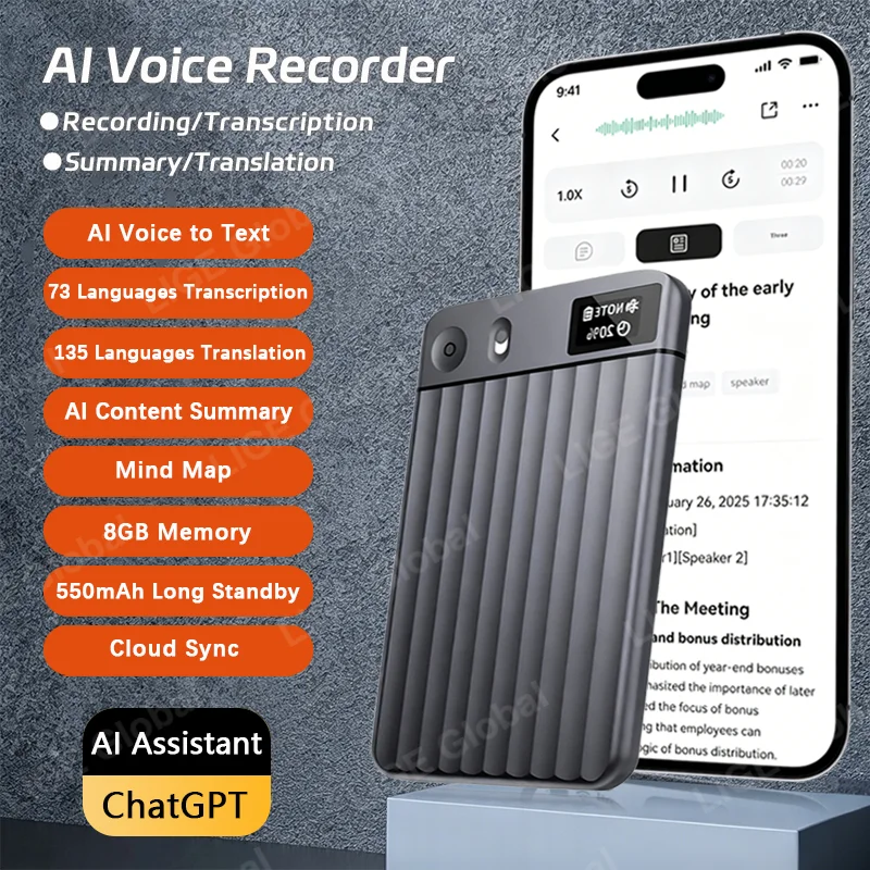 

LIGE AI Voice Recorder 73 Languages Transcribe Summarize Mind Map 8GB Memory 550mAh Lecture Meeting Smart Audio Recording Device