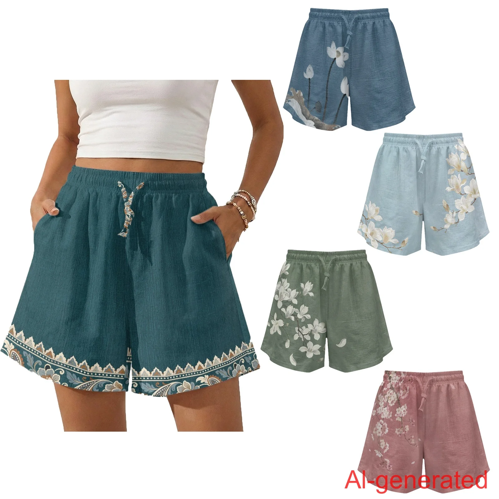 

INSTANTARTS Women'S Casual Linen Shorts Lightweight Cool Breathable Elastic Drawstring Waistband Fit Summer Beach