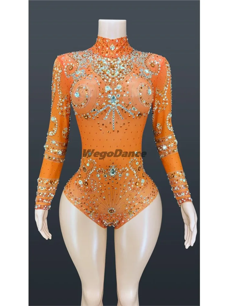 

New Sexy Rhinestones Long Sleeves Bodysuit Singer Dancer Crystals Leotard Costume Women Stretch Outfit Dance Wear