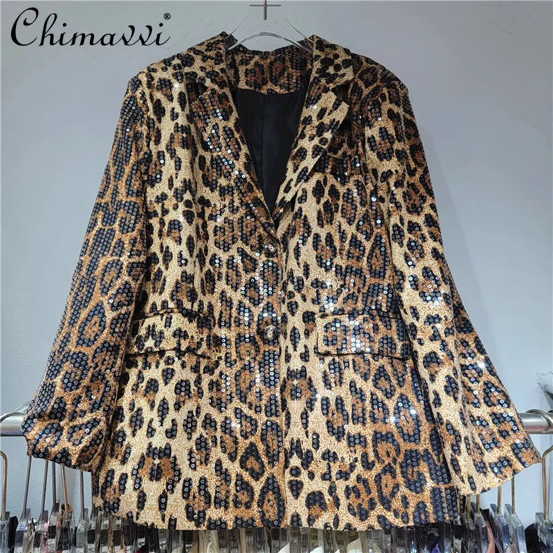 French Fashion Leopard Print Heavy Sequined Blazer New 2024 Autumn Senior Slim Loose Temperament Commuter Suit Coat Tops