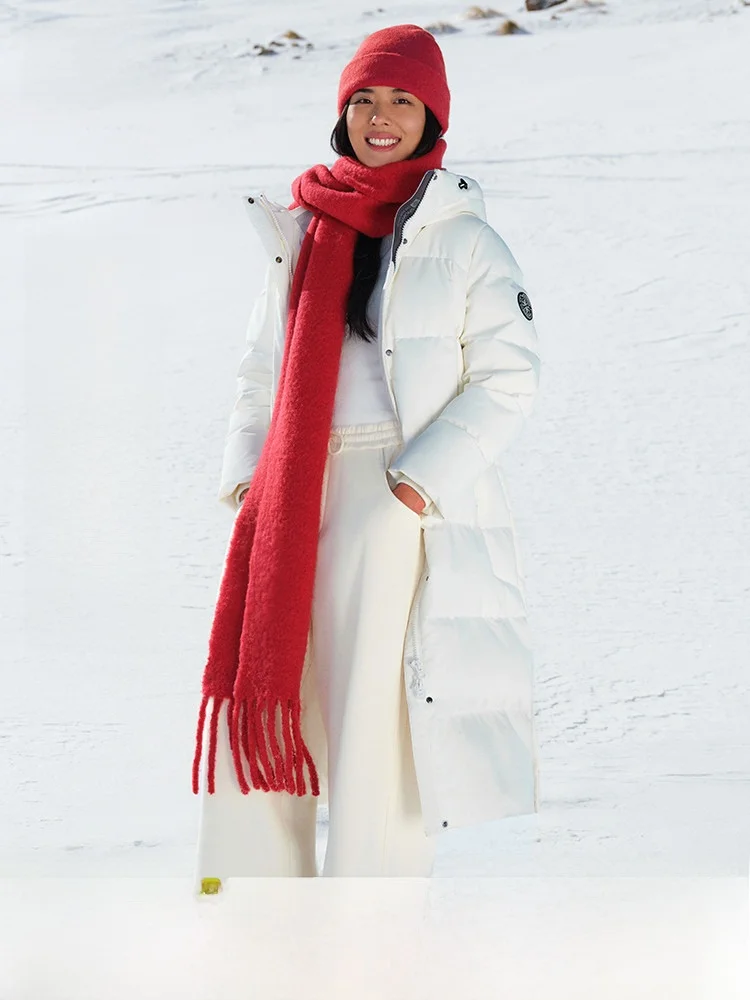 

Новая женская удлиненная пуховая куртка Snow Flying 2026 весна с капюшоном, утепленная, для спорта и активного отдыха, яркие цвета