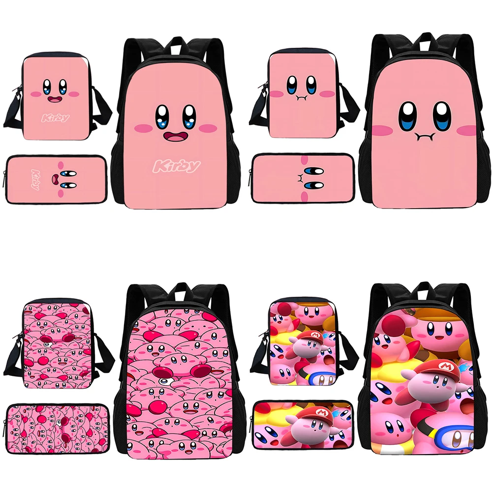 3 pcs set Cute anime pink Kirbys Child School Backpack With Shoulder Bag Pencil Bags School Bags for Boys Girls Best Gift