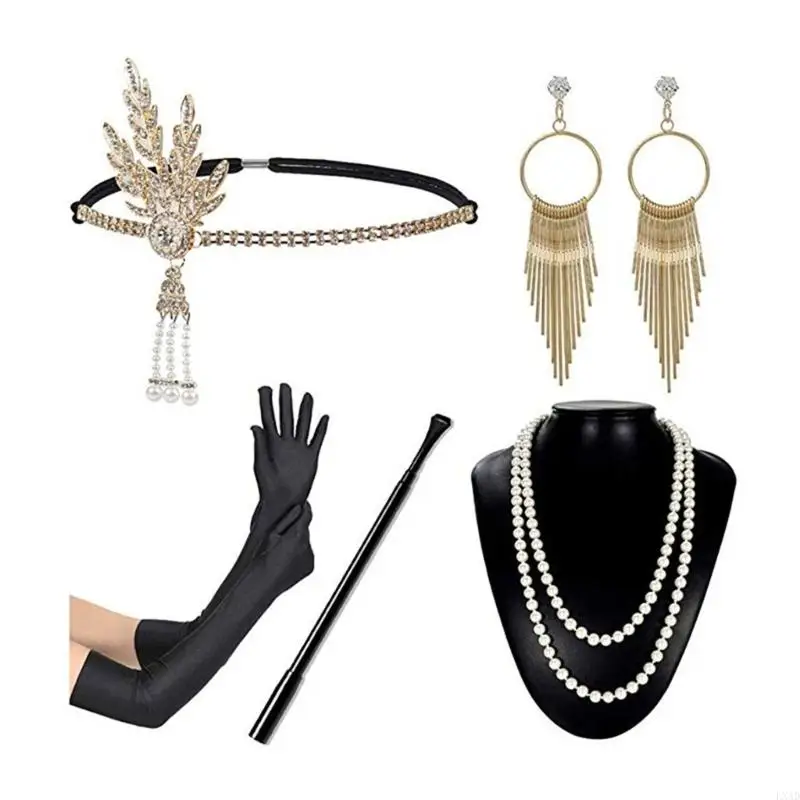 Flapper Accessories for Womens 1920s Dancers Costume Accessory Roaring 20s Flapper Headband Gloves Necklace Set