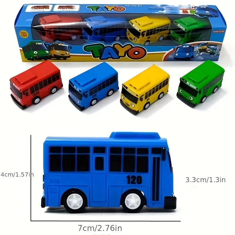 

4pcs/Set Korean Anime Tayo Little Bus Mini Plastic Pull Back Blue Tayo Gani Yellow Lani Green Red Rogi Car Model for Kids Gift