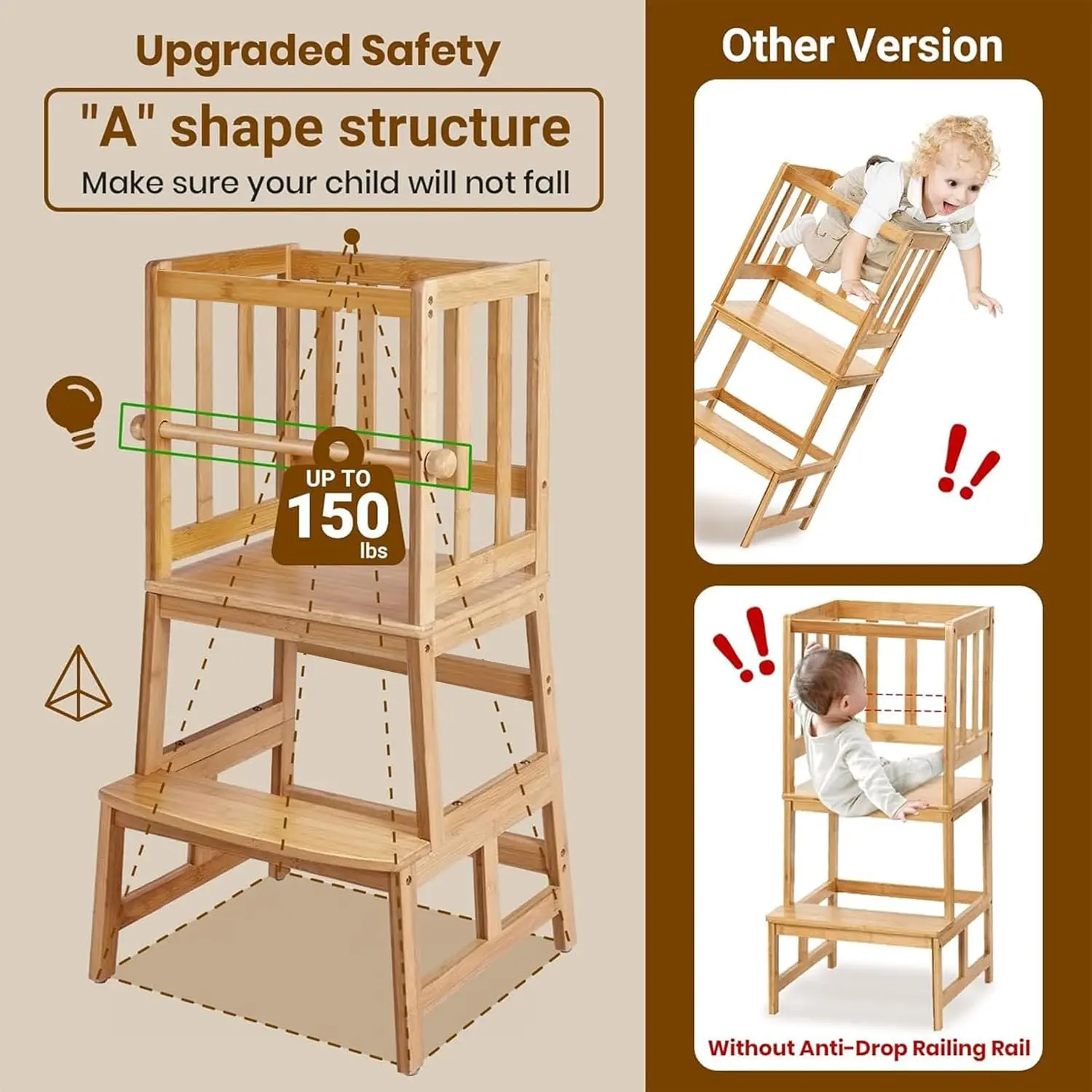 Kids Kitchen Step Stool，Toddler Standing Tower with CPC Certification, Removable Anti-Drop Railing Safety Rail Enjoys Unique