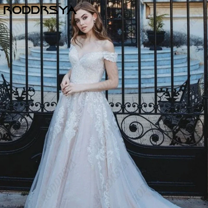 RODDRSYA-vestido De novia con hombros descubiertos para mujer, vestido De novia De línea a, bohemio, Civil, con cuello en V, De encaje, sin mangas, ilusión trasera-vestido De novia con hombros descubiertos para mujer,