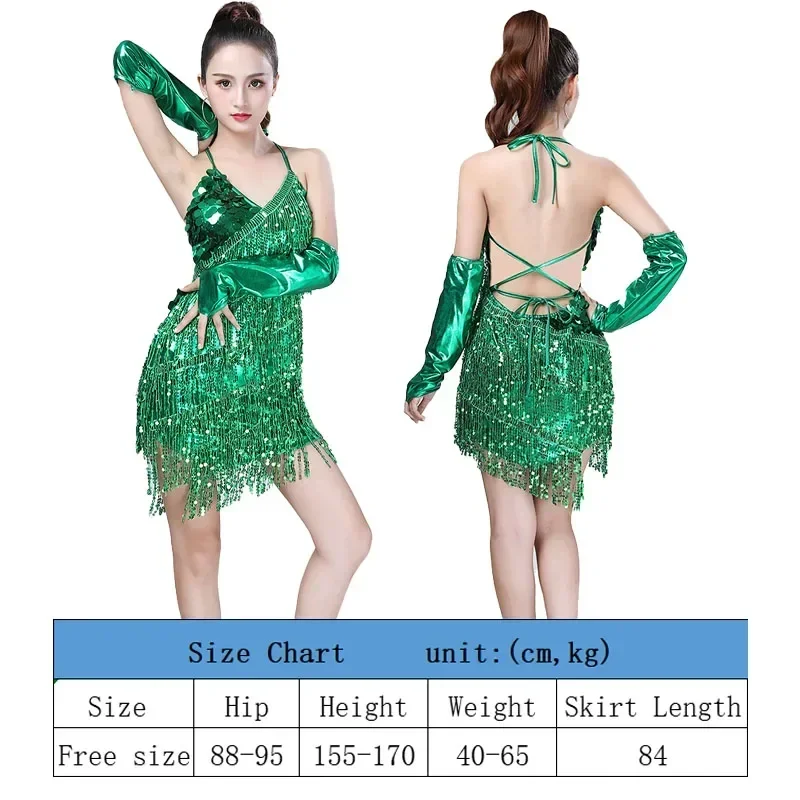 New Latin Dance Skirt Sleeves with 3 Sexy and Fashionable V-neck Fringe Sequins Backless Stage Performance Dress Evening Dress