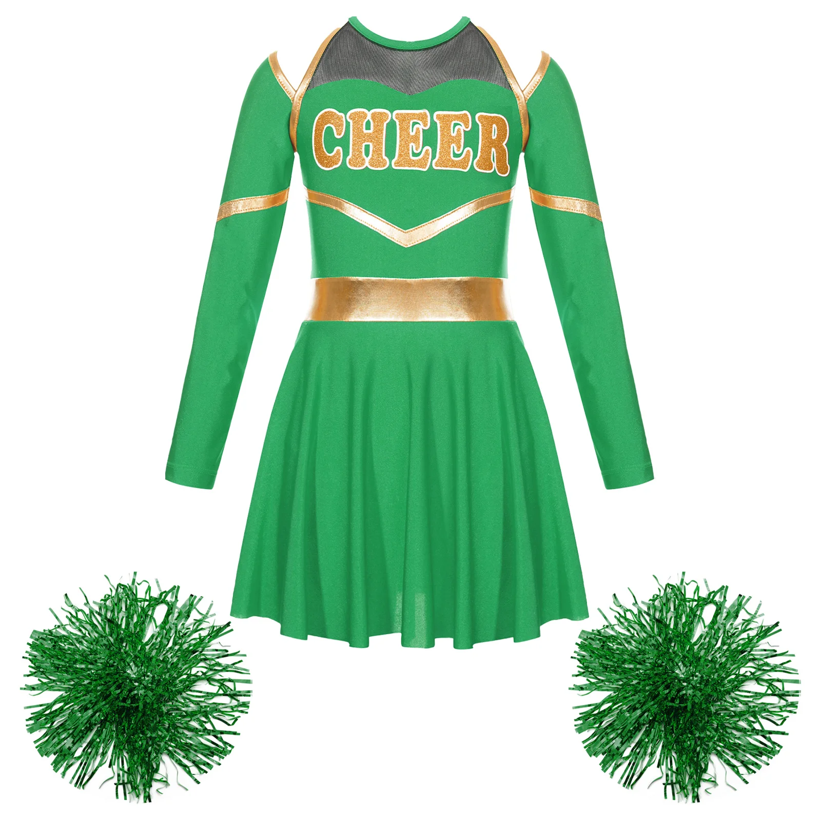 

Kids Girls Cheer Leader Costume Long Sleeve Cheerleading Uniform Off Shoulder Dress with Pompoms Schoolgirl Dance Dress Outfits