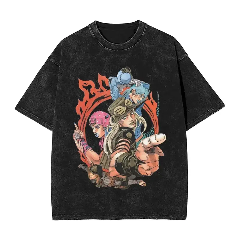 Men Manga Cotton T-Shirts Washed Vintage T Shirt Harajuku Tops Anime JoJo'S Bizarre Adventure Johnny Joestar Gyro Printed Tshirt
