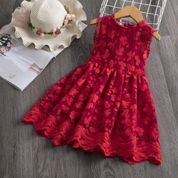 Flower Lace Baby Summer Dresses for Girls Sleeveless 2-6 Yrs Children Casual Clothing Red New Year Party Kids Dress