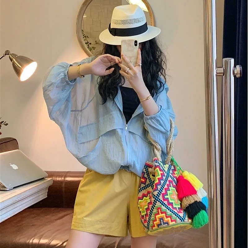 

Jackets Women Preppy Style Sun-proof Loose Leisure Transparent Femme Outwear Solid Hooded Design Ulzzang High Street Ropa Summer