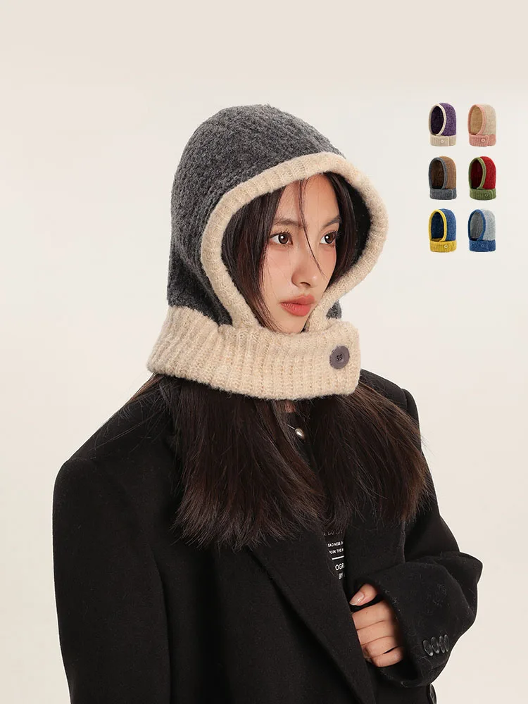 snow cold hat patchwork ski mask knit hat Bomber Retro cap Winter hat Earflap hat women's winter hat 2024 hat Balaclava beanie