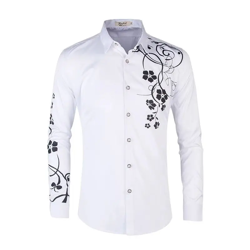 Summer New Male Long Sleeve Flower Shirt White / Black / Navy Blue Fashion Men Business Casual Top Slim Fit Clothing