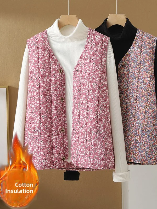 

Floral Print Fce Lined Warm Vest plus Size Chinese Sle Artistic Retro Layering Top Women's Faion Inner Wear