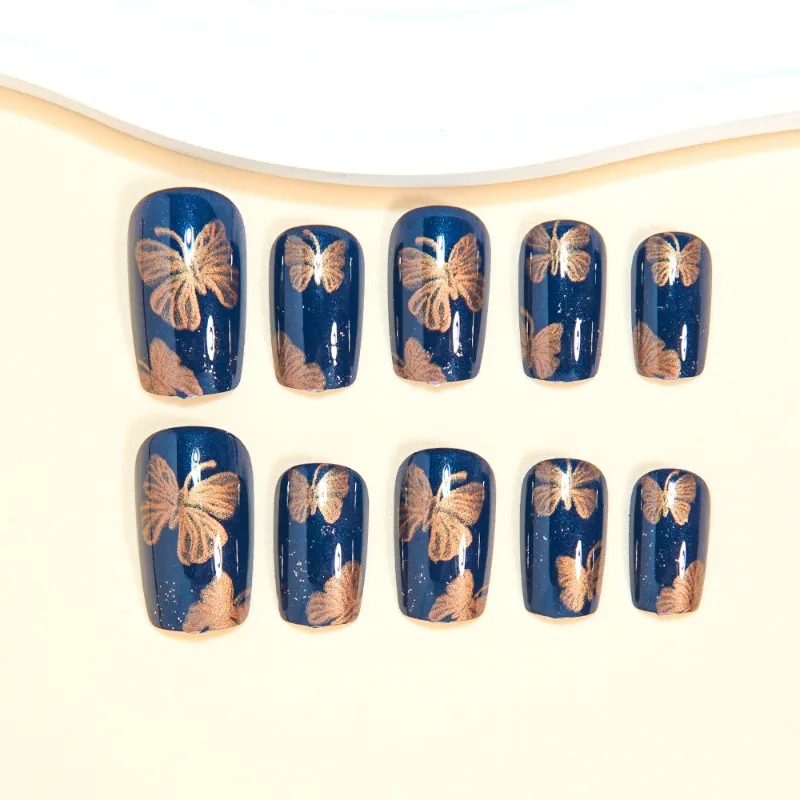 

24 шт., накладные ногти квадратной формы, темно-горячий стиль девушки, узор бабочки телесного цвета, модный съемный набор для дизайна ногтей