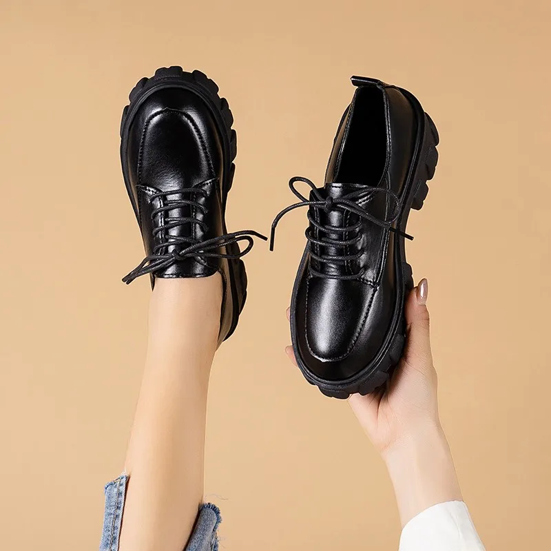 Leather Platform Oxford Shoes Woman Spring Autumn Lace Up Black Flats for Women Classic Thick Bottom Student Shoes