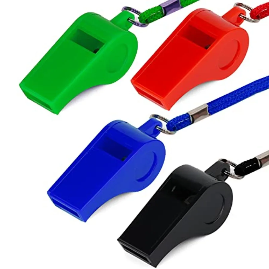 4 silbatos de plástico con cordón, silbato fuerte para supervivencia de emergencia, entrenamiento de profesores, entrenamiento de perros, negro, azul, rojo y verde