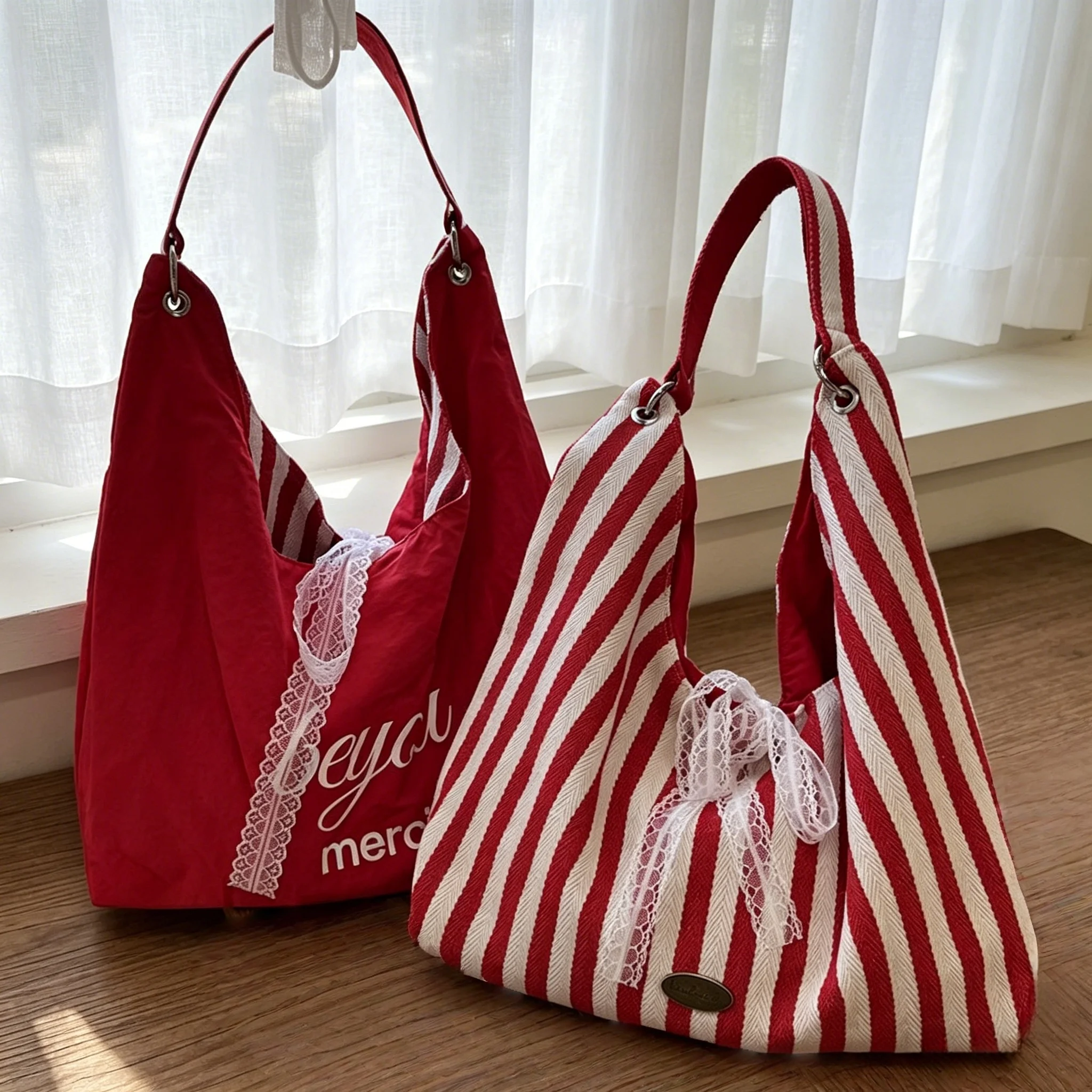 Double Sided Women Handbag Striped Solid Color Shoulder Bag with Lace Bow Large Capacity Tote Bag Casual Daily Commute Travel