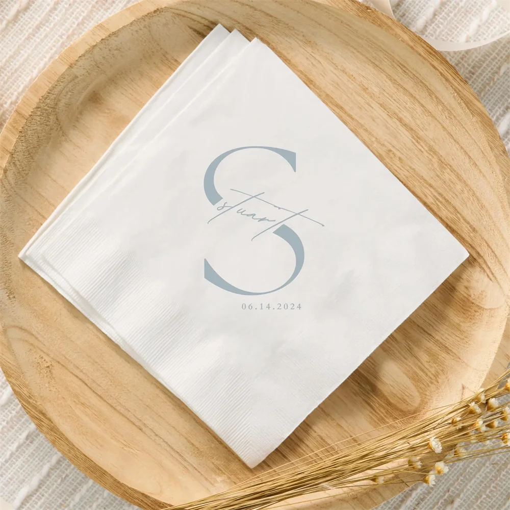 Custom Wedding Napkins Personalized Last Name Monogram Paper Napkins Bridal Party Essentials Rehearsal Dinner Cocktail Hour Deco