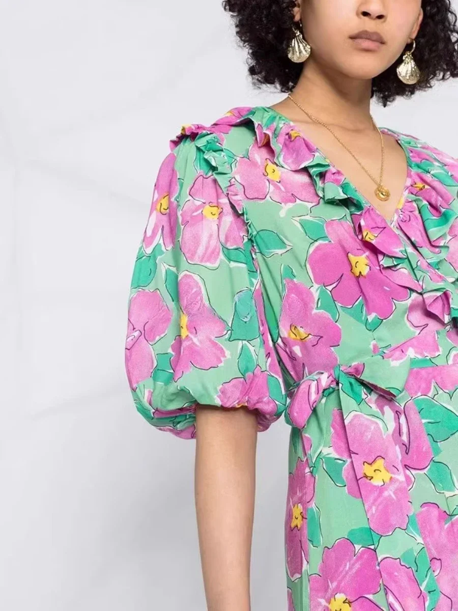 VGH Fashion Traval Printing Plus Size Dress for Women V Neck with Ruffles Puff Sleeve High Waist Pleated Midi Dresses Female New