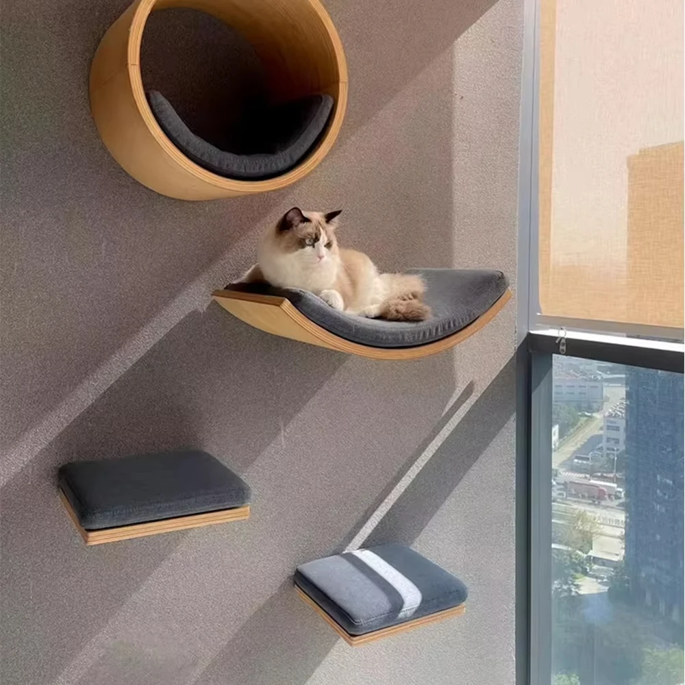 Prateleira de escalada de madeira para gatos, degraus de parede para parede, escadas de parede com tapete para arranhar, móveis para gatos montados na parede para saltar
