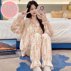 110kg Plus Size Cloud Cotton Autumn Pajamas set Women Sweet Loose Loungewear with Chest Pad Long Sleeves Trouser Suit Outer Wear