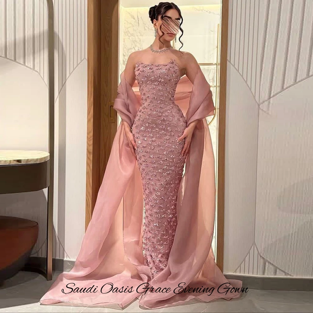 Elegante personalizado sem mangas sem alças com xale requintado lantejoulas sereia vestido de festa temperamento tule vestidos de celebridades