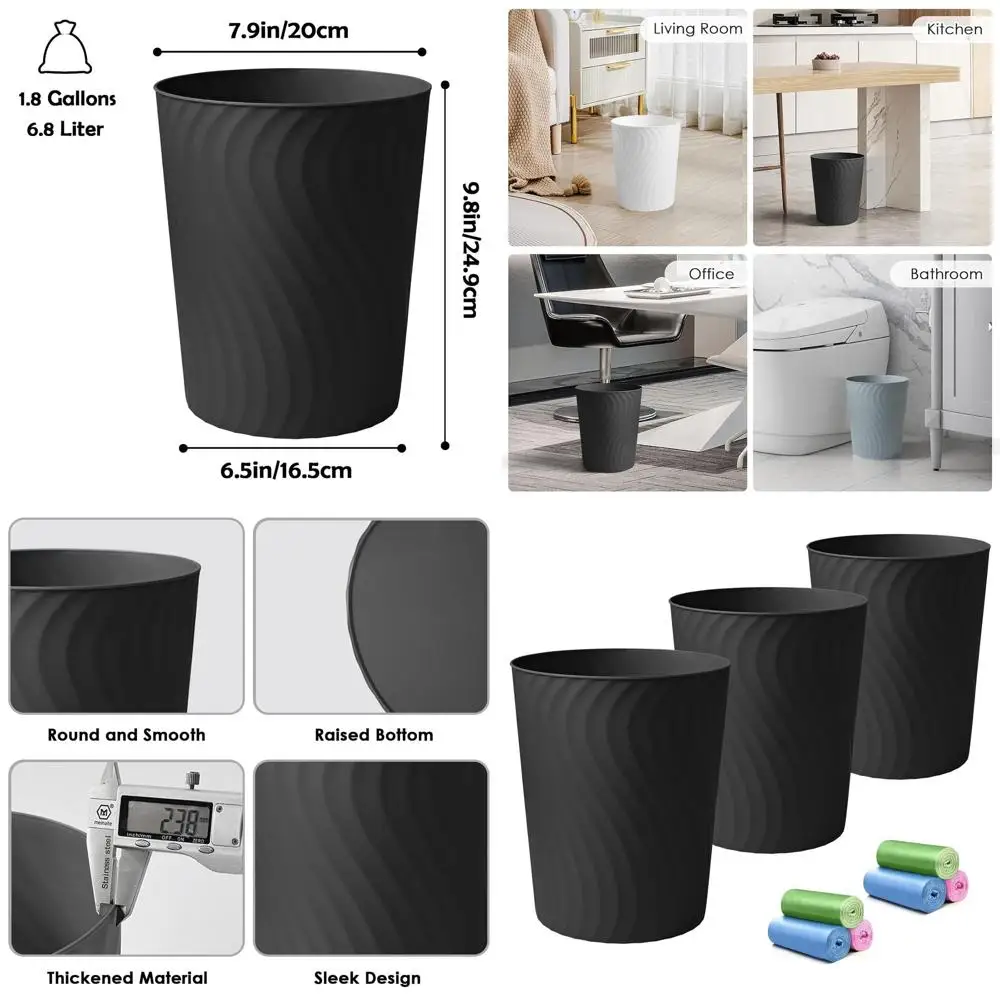 

Set of 3, 1.8 Gallon Slim Bathroom Trash Cans, Round Plastic Waste Bins for Kitchen, Dorm, Office, and Compact Spaces (Black)