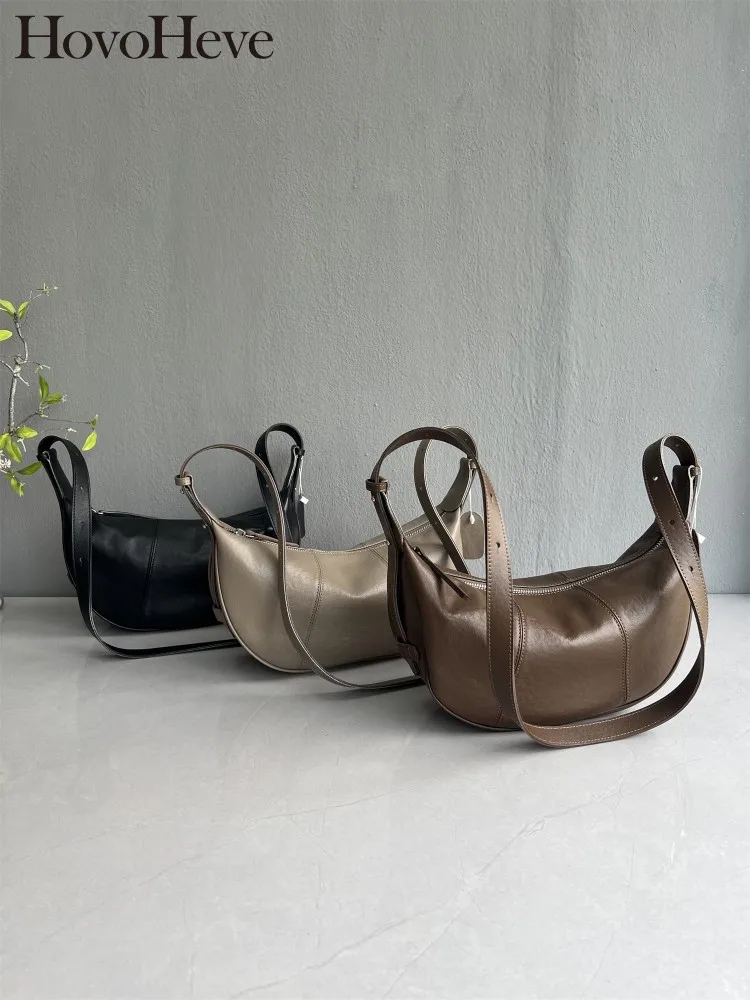 

Versatile Female Genuine Leather Crossbody Bags Fashion Ladies Zipper Bowling Handbag Solid Color Single Shoulder Underarm Bag