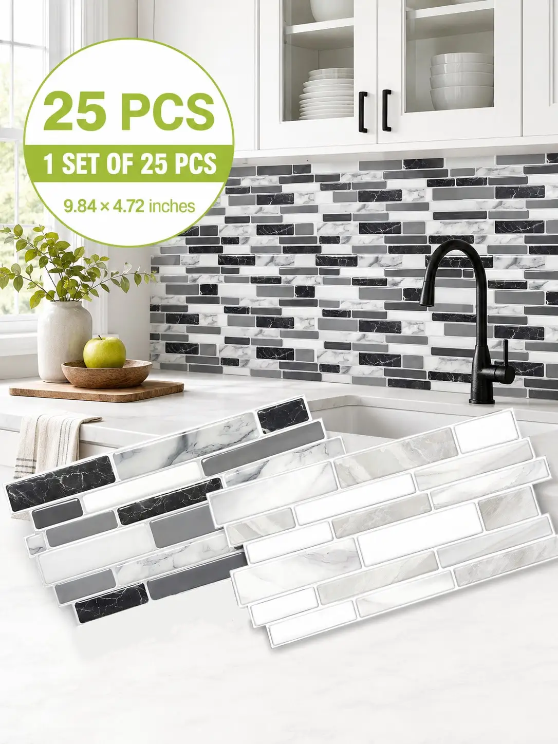 25pcs Marble Tile Backsplash Stickers, Vinyl Peel And Stick Waterproof Oil-Proof Heat-Resistant, 9.84x4.72in, For Kitchen