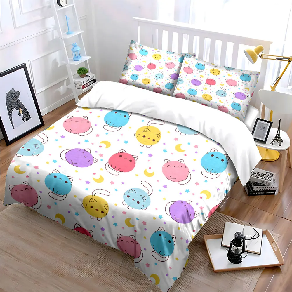 

Cute Cat Pattern Home Decor Bedding Set with 1 Duvet Cover 2 Pillowcases Single Double King Queen, Gift