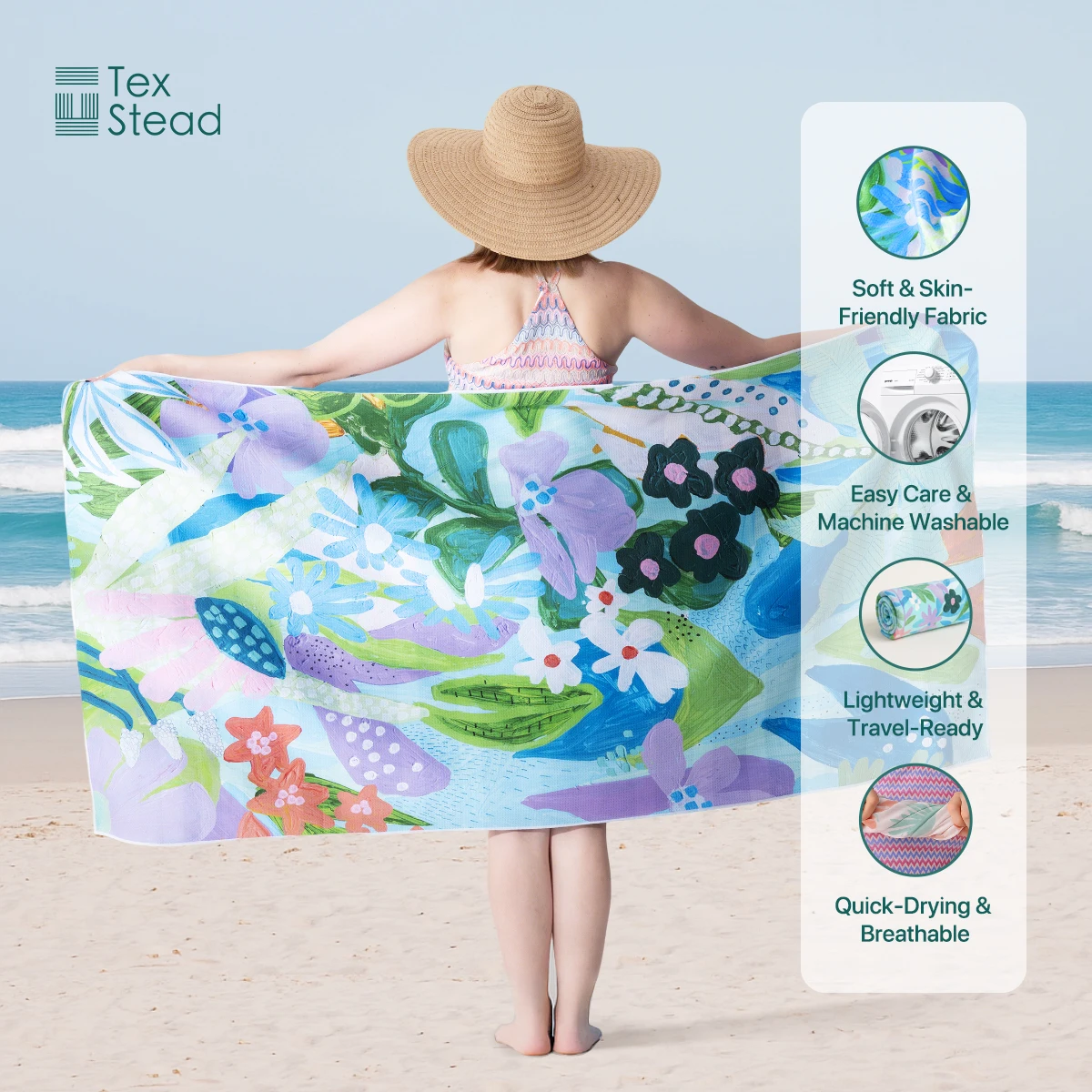 Double-Sided Floral 100% Cotton Quick-Dry Beach Towel, Oversized Sand-Free Ultra-Soft Woven Cover for Pool & Summer.