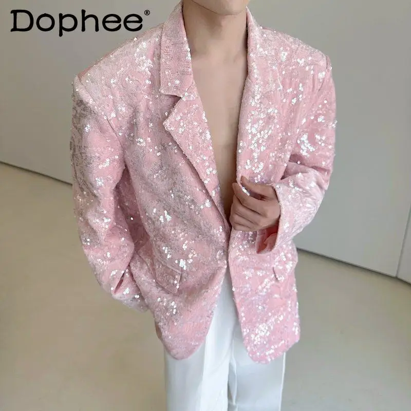 

Men's 2025 Autumn New Fashion Blazers Velvet Sequin Padded Shoulder Loose Suit Jackets High-end Men's Long Sleeve Tailored Coats