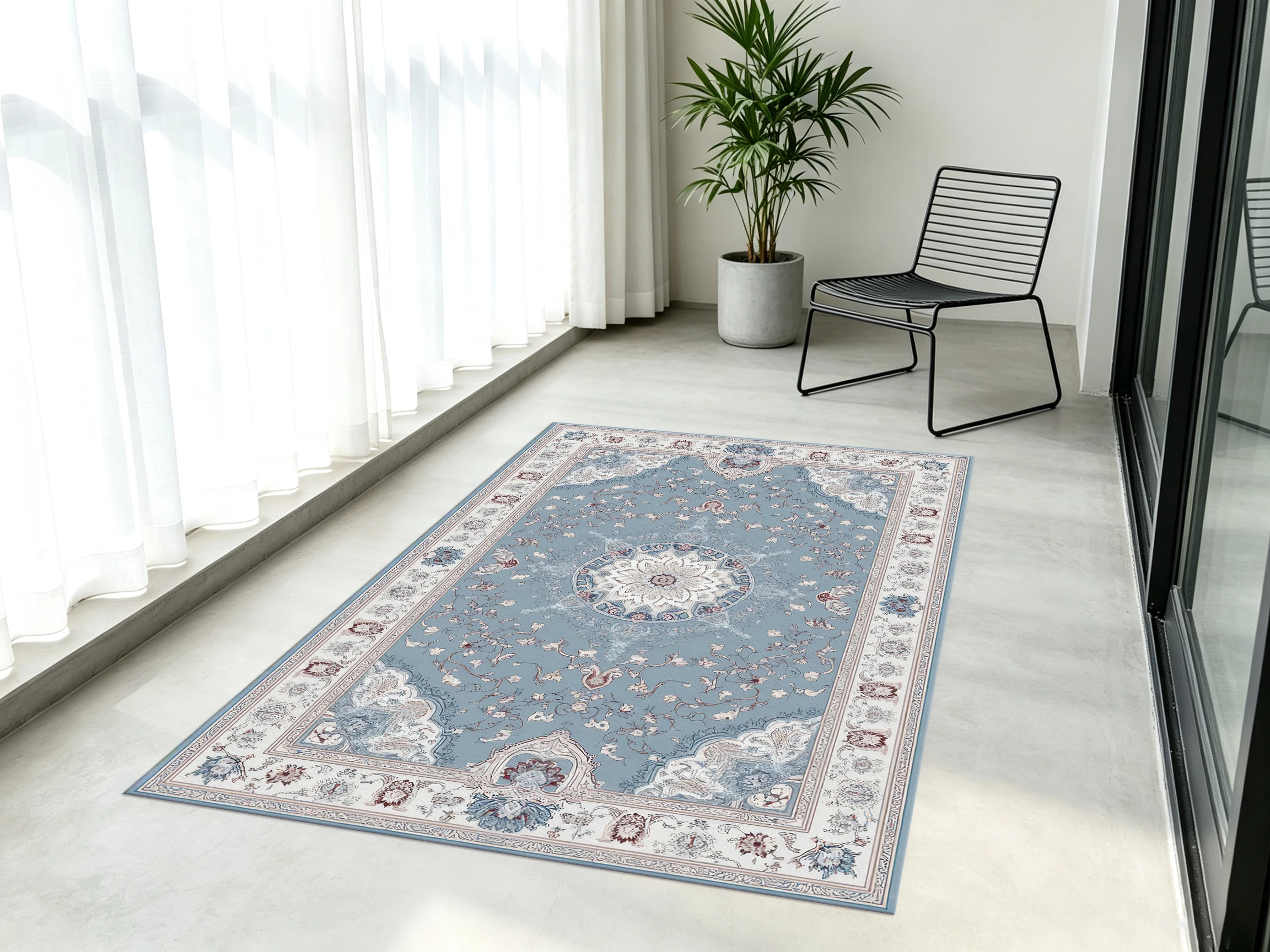 2D Large Rug in Light Misty Blue with a Retro Persian Diamond Pattern, Soft and Comfortable, for Living Room & Bedroom