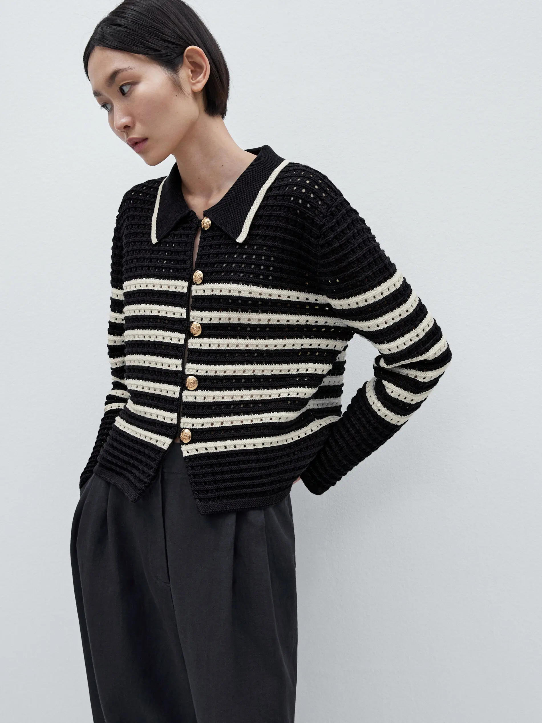 

Ethereal MD 2025 massidutti spring new style of Women's casual fashion cut-out striped Polo collar knitted cardigan