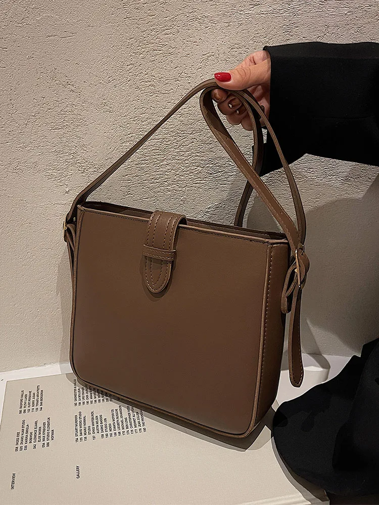 New Elegant Fashion Women Bucket Bag Large Capacity PU Leather All-match Shoulder Bags Ladies Texture Solid Color Handbag