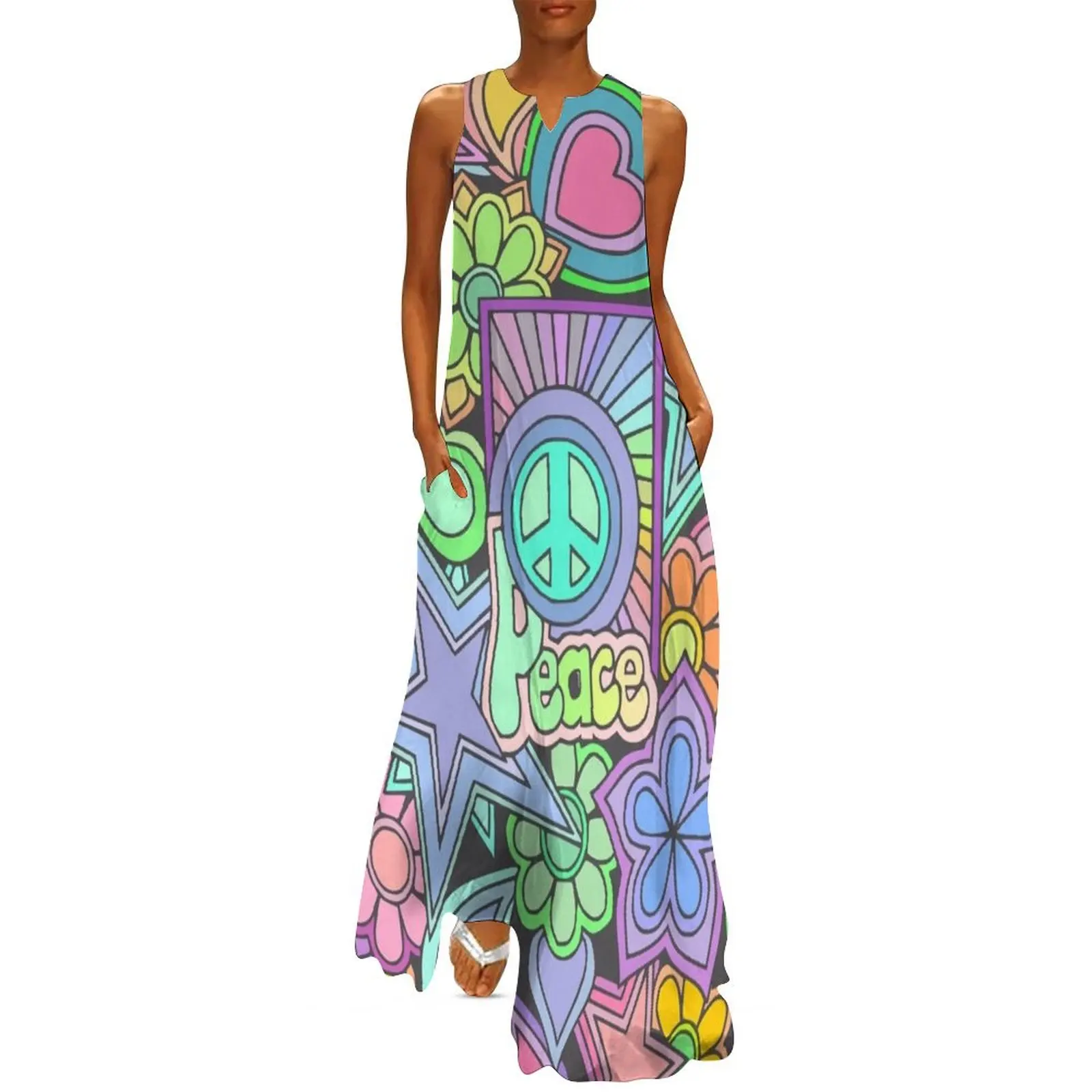 

Pretty Hippy Trippy Flower Power Retro Design Long Dress summer woman dress 2024 evening dress ladies dresses for woman 2024