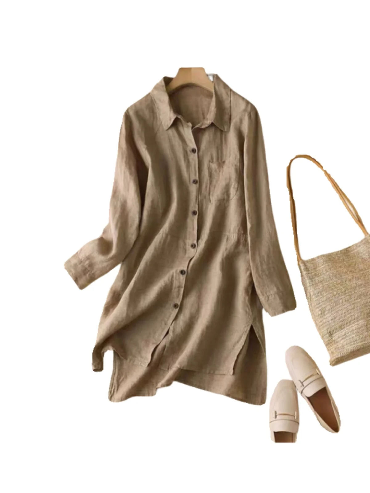 Casual Cotton Linen Long Sve irt Korean Sle Loose Fit  Collar Pure Color Brandl Commute Faion Spring 2024
