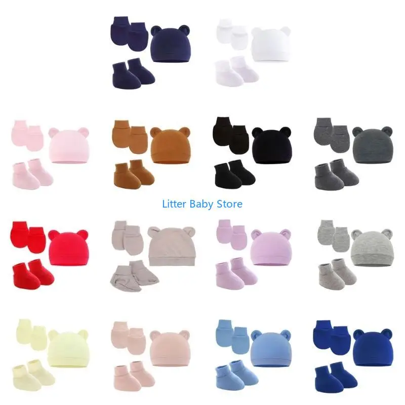 

N80C Newborn Hat+Gloves+Socks Set for Baby Boy Girl Cotton Fall Casual Photography Props Soft Headwear Infant