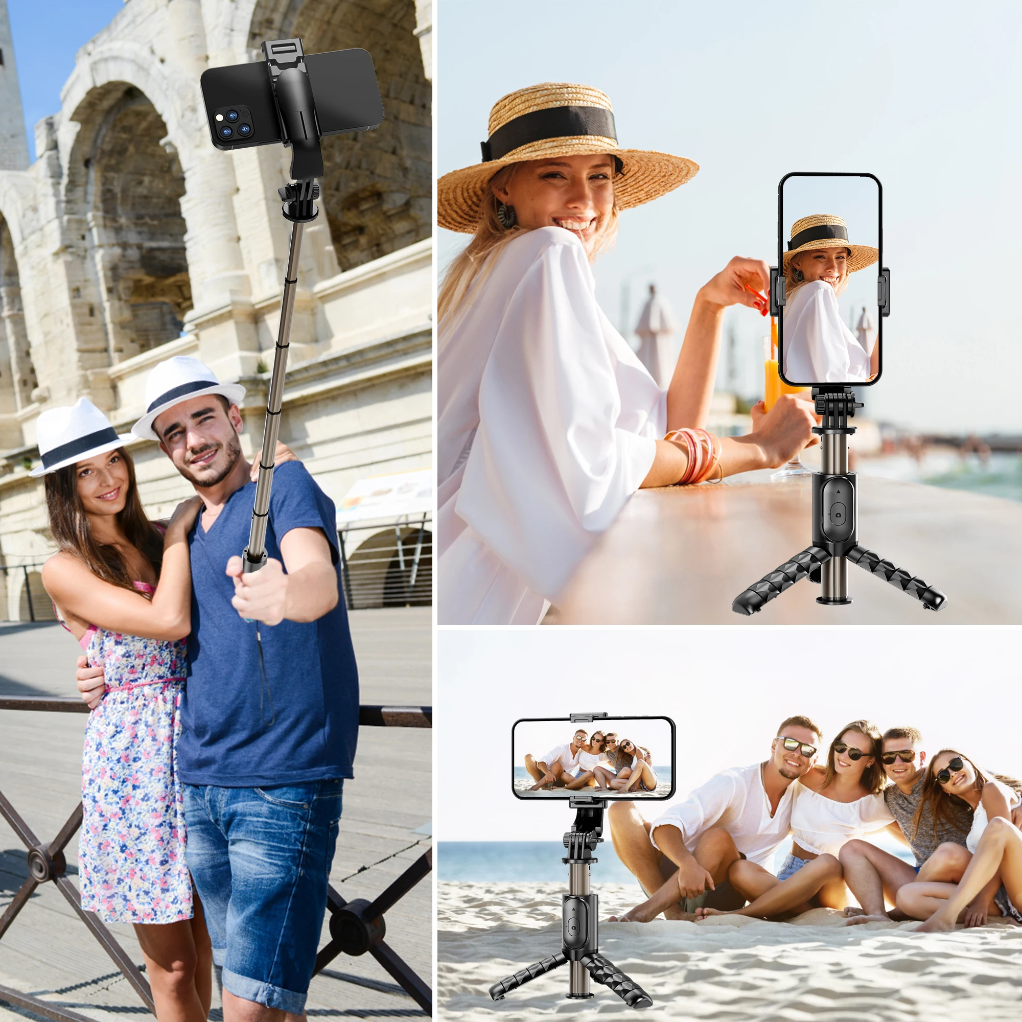 Q10 알루미늄 합금 미니 블루투스 원격 삼각대 휴대용 셀카봉 360 °   Xiaomi iPhone 13 14용 회전 삼중 안정기