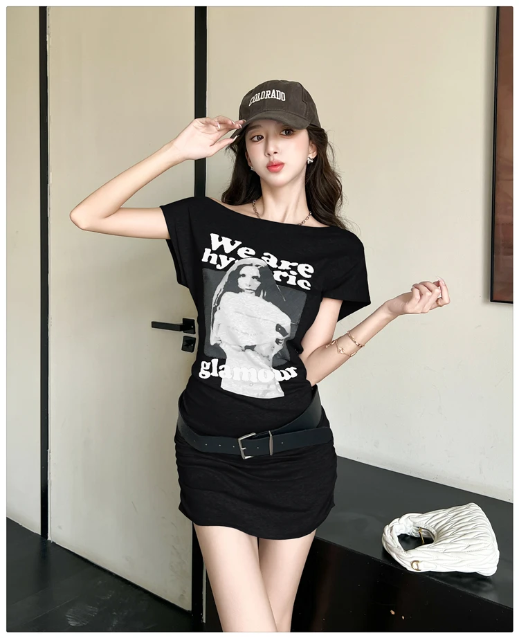 2025 Summer Korean Fashion High Street T-shirt Dress New Women Printed Diagonal Collar Pleated Mini Dress Sexy Casual Streetwear