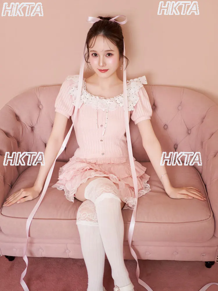 Original Japanese Sweet High Waist Bow Bubble Short Sleeve Top Tshirt High Waist Lotus Leaf Short Cake Skirt 2 Piece Sets Womens