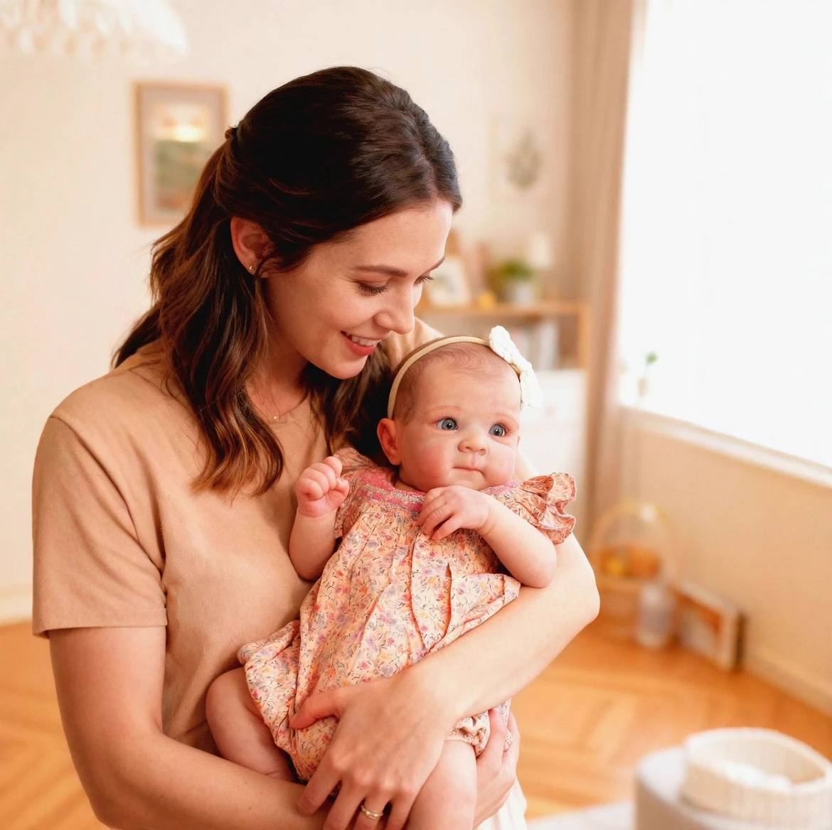 Boneca Reborn de 48cm com Olhos Abertos, Vestindo Macacão com Mangas de Renda e Faixa de Cabelo com Laço, Boneca Realista de Corpo Macio em Vinil para Meninas