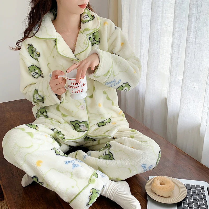 Winter New Flannel Pajamas Sets for Woman Lapel Thickening Cardigan Warm Women's Pajamas Cute Dinosaur Women's Home Clothes