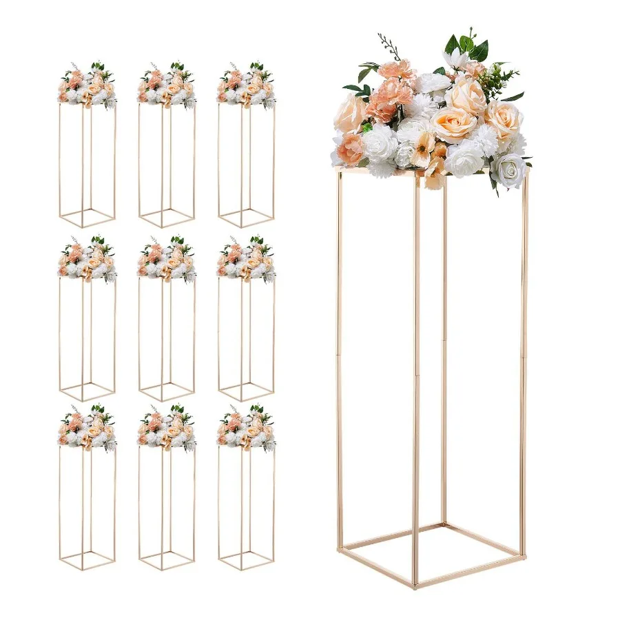 

Wedding Flower Stand, 10PCS 31.5-inch Metal Laminate Column Stand, Gold Rectangular Floral Display Rack for Wedding, Party, Bir