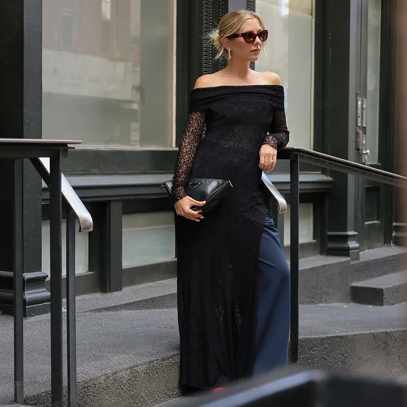 2025 outono novo atacado roupas femininas sexy recorte transparente de um ombro magro vestido de manga longa para mulher