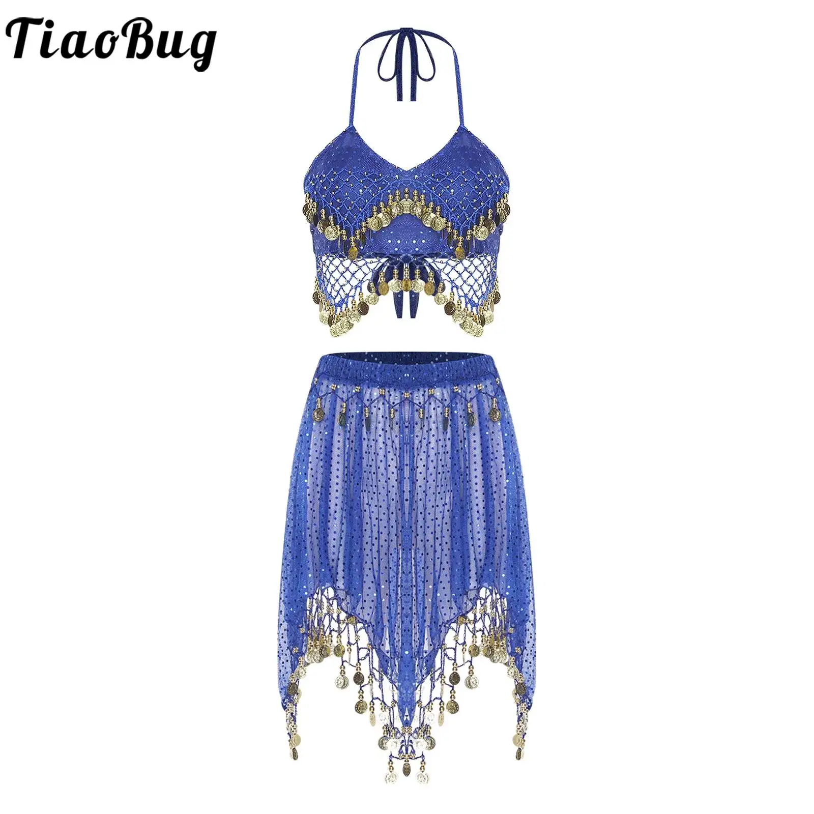 

Women Sheer Mesh Belly Dance Outfits Party Tassel Sequined Lace-up Crop Top and Irregular Hem Skirt for India Dance Folk Dance