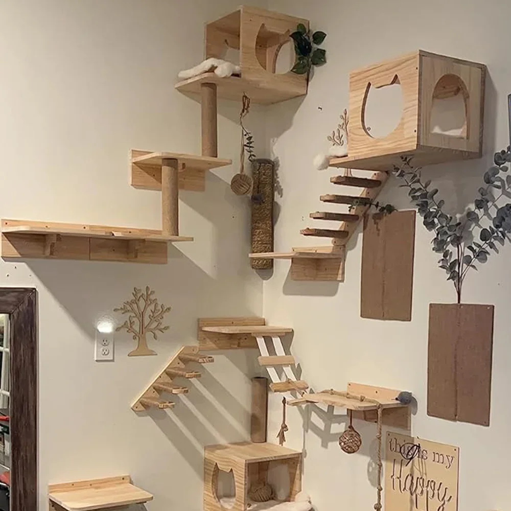 Prateleiras de escalada para gatos, rede de parede e degraus para gatos, plataforma de salto para móveis de madeira, brincadeiras e dormir